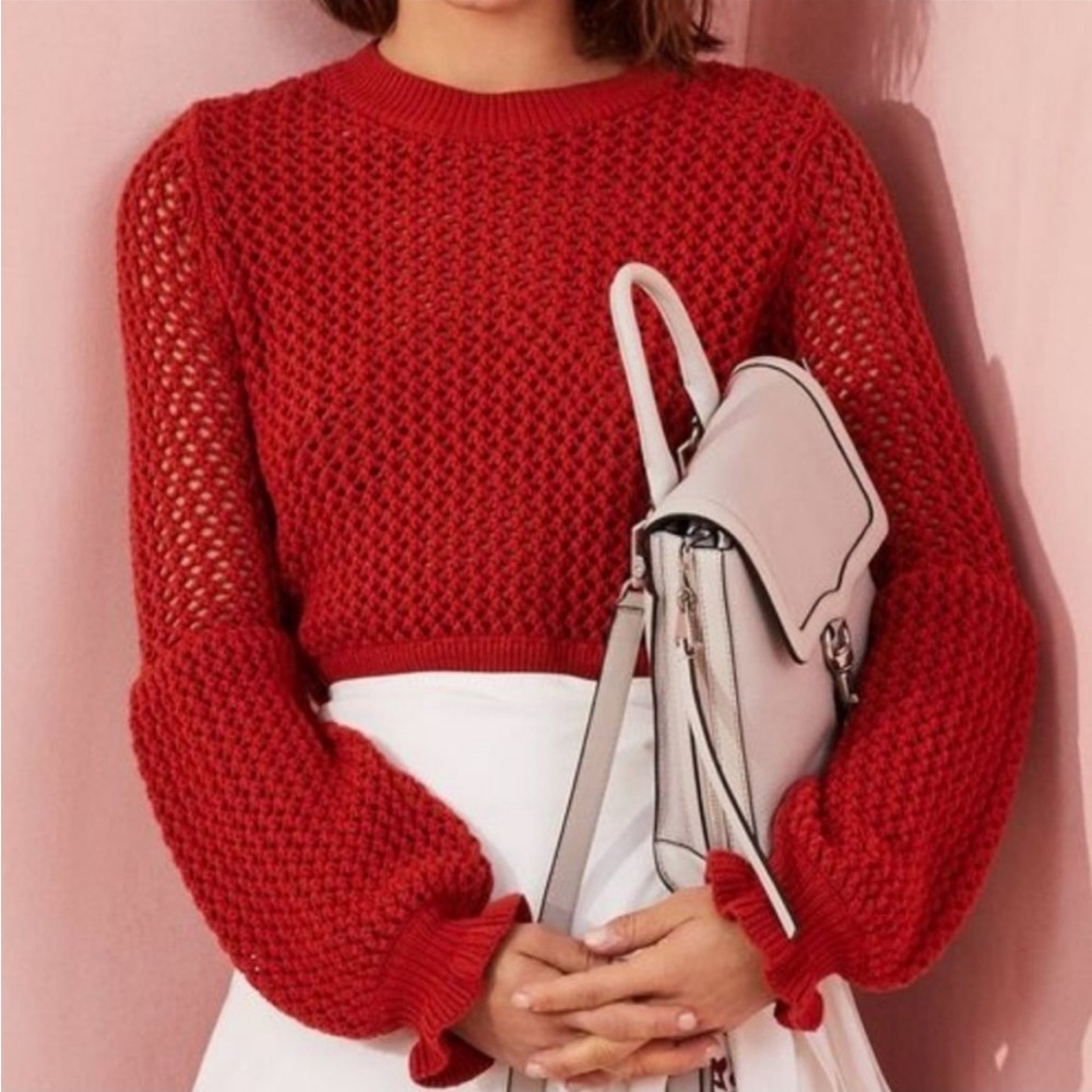REBECCA MINKOFF Bianca Netted Terracotta long puff sleeve Sweater Small